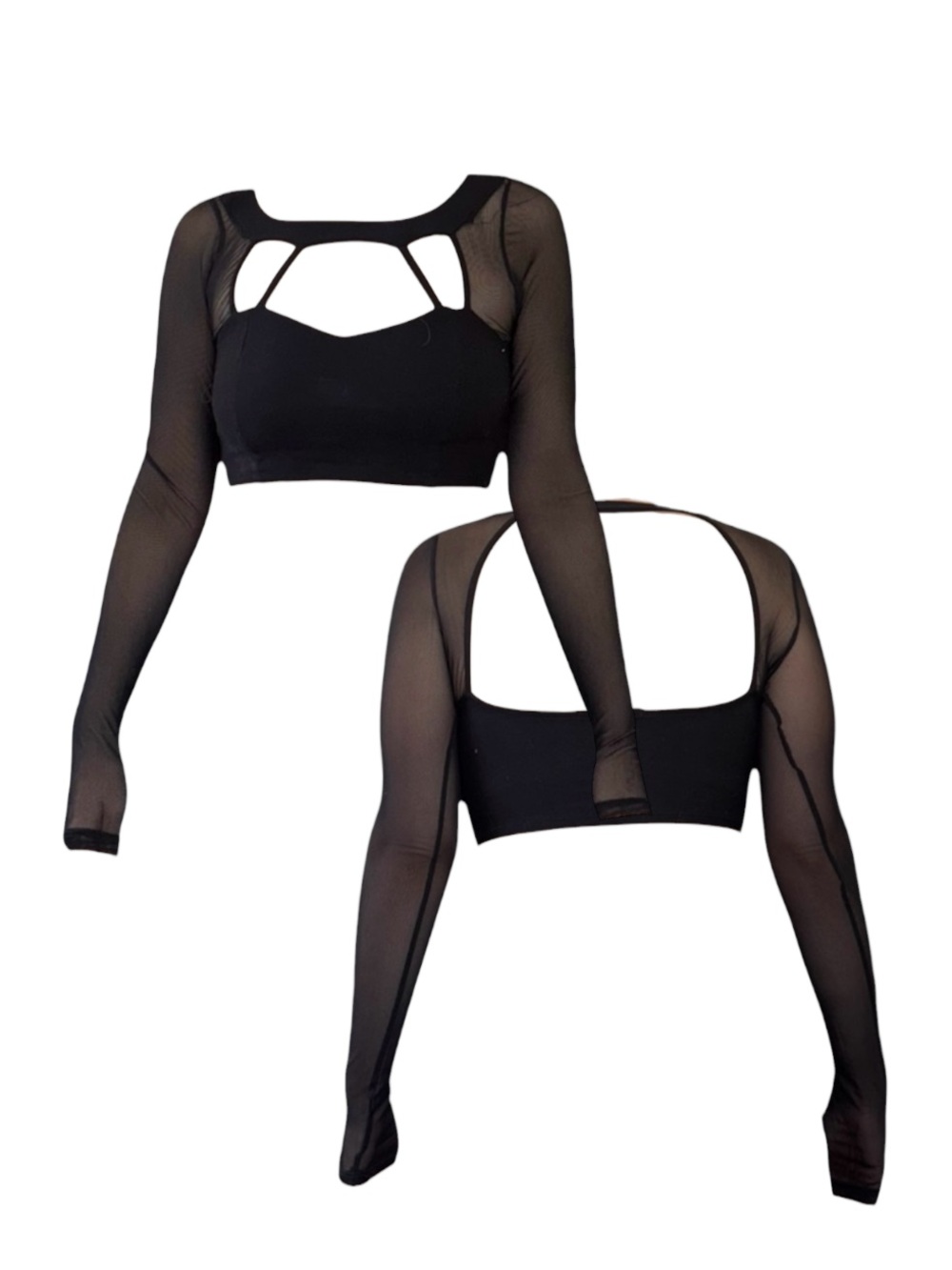 Solemio Black Mesh Long-Sleeve Cutout Crop Top